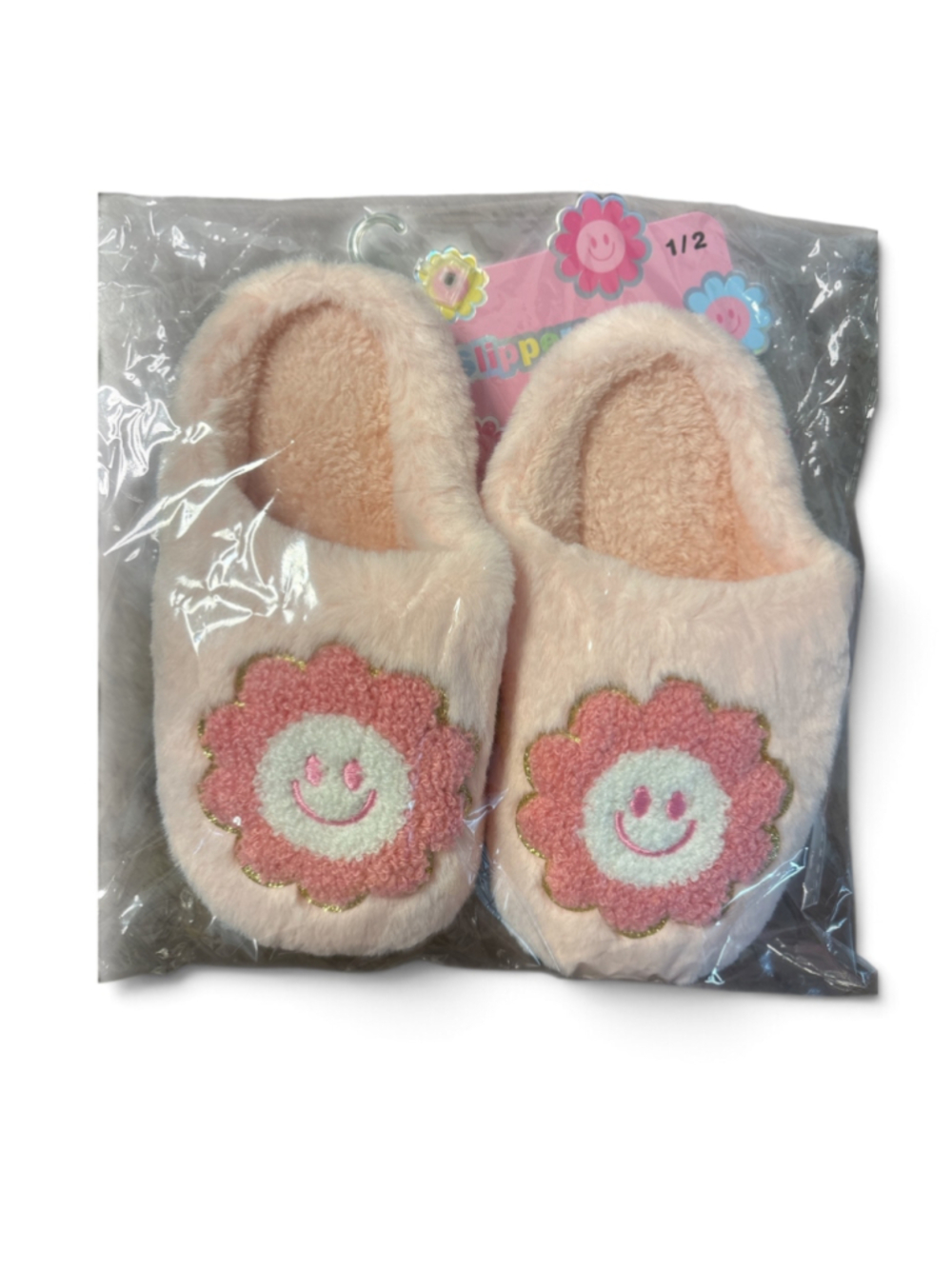 Fluffy Smiley Flower Slippers Size 6